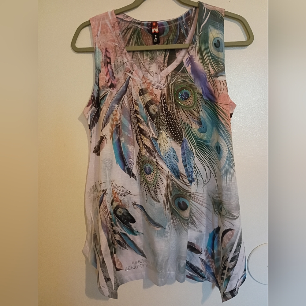 Big Bang Women's Peacock Feather Print Sleeveless Top -‎ Multicolor Sz L
